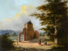 H. de Jong[?] (19th century) - Landscape with figures resting beside a ruin  Oil on canvas, laid