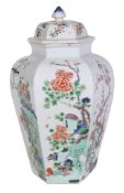 A Chinese Famille Verte hexagonal vase and cover, late Qing, painted with birds   A Chinese  Famille