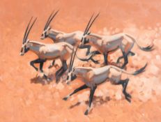 Keith Shackleton (1923-2015) - Herd of Arabian Oryx  Oil on board Signed lower right 46 x 61 cm. (18