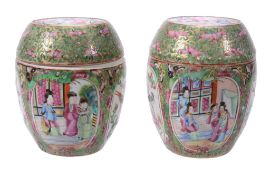 A pair of Cantonese barrel shaped boxes and covers, circa 1860-80   A pair of Cantonese barrel