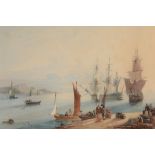 Samuel Owen (1768-1857) - Fisherman in a harbour at sunset, unloading barrels  Watercolour,