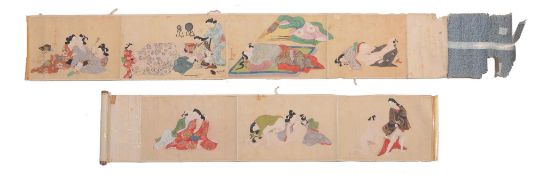 Japanese Scroll Shunga - A Japanese Shunga Makimono in inks and gold on silk backed onto paper   A