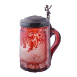 A Bohemian ruby-flashed white-metal-mounted hunting tankard   A Bohemian ruby-flashed white-metal-