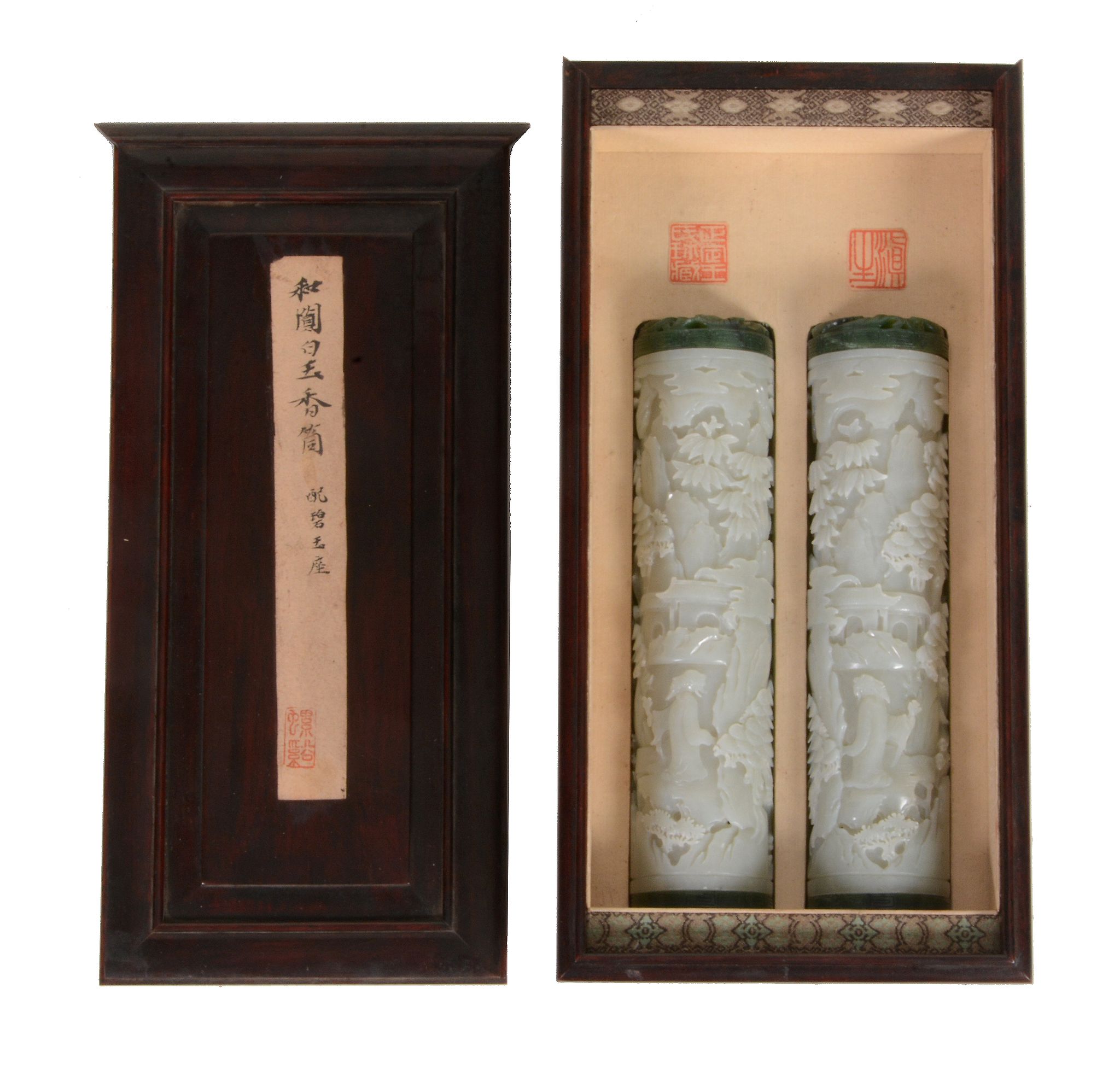 A good pair of pale celadon jade cylindrical parfumiers   A good pair of pale celadon jade