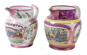 A large Sunderland pink-lustre jug , mid 19th century   A large Sunderland pink-lustre jug  , mid