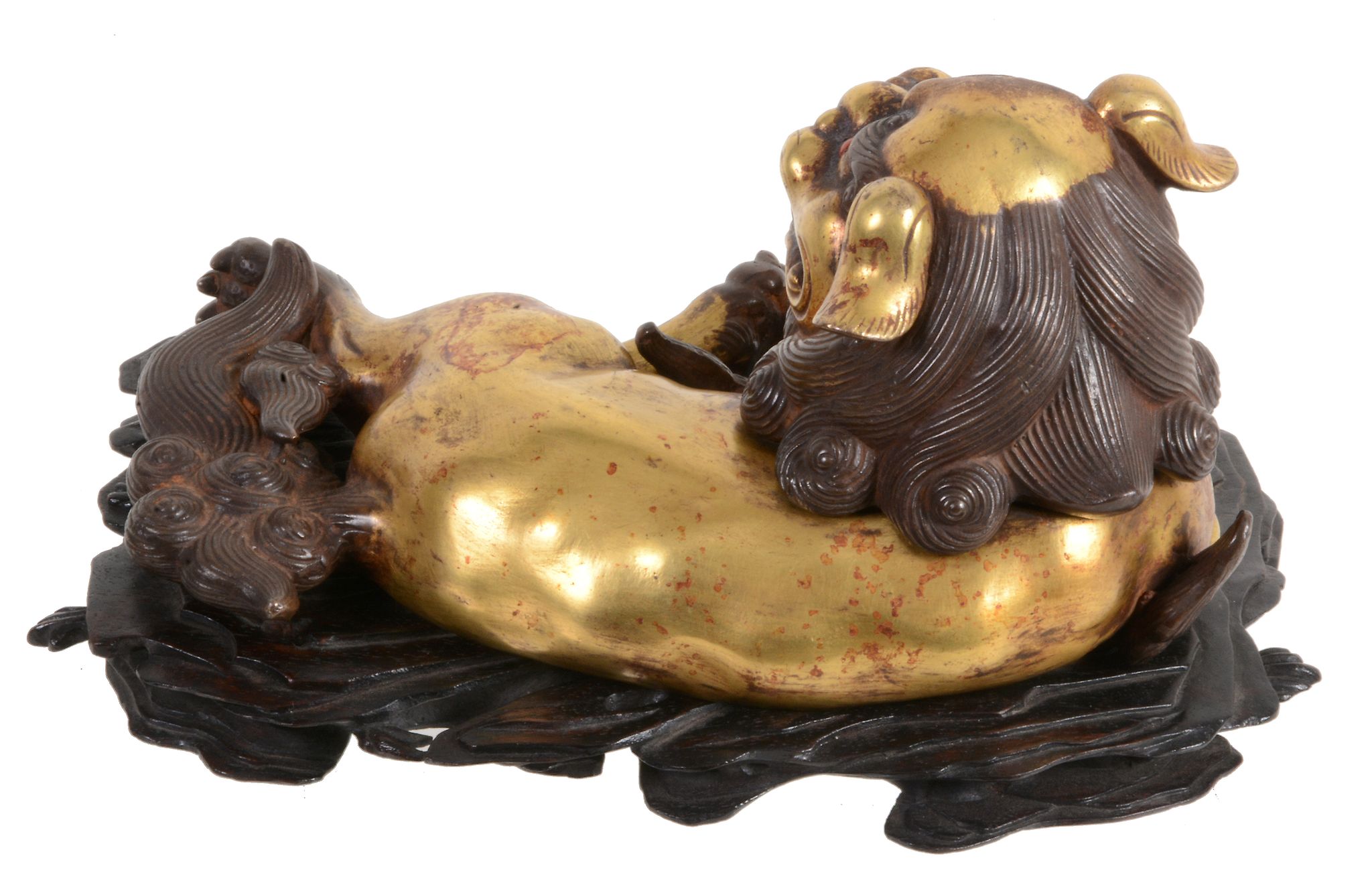 A gilt-metal Buddhistic lion censor and cover, recumbent with one paw on a ball   A gilt-metal - Image 2 of 4