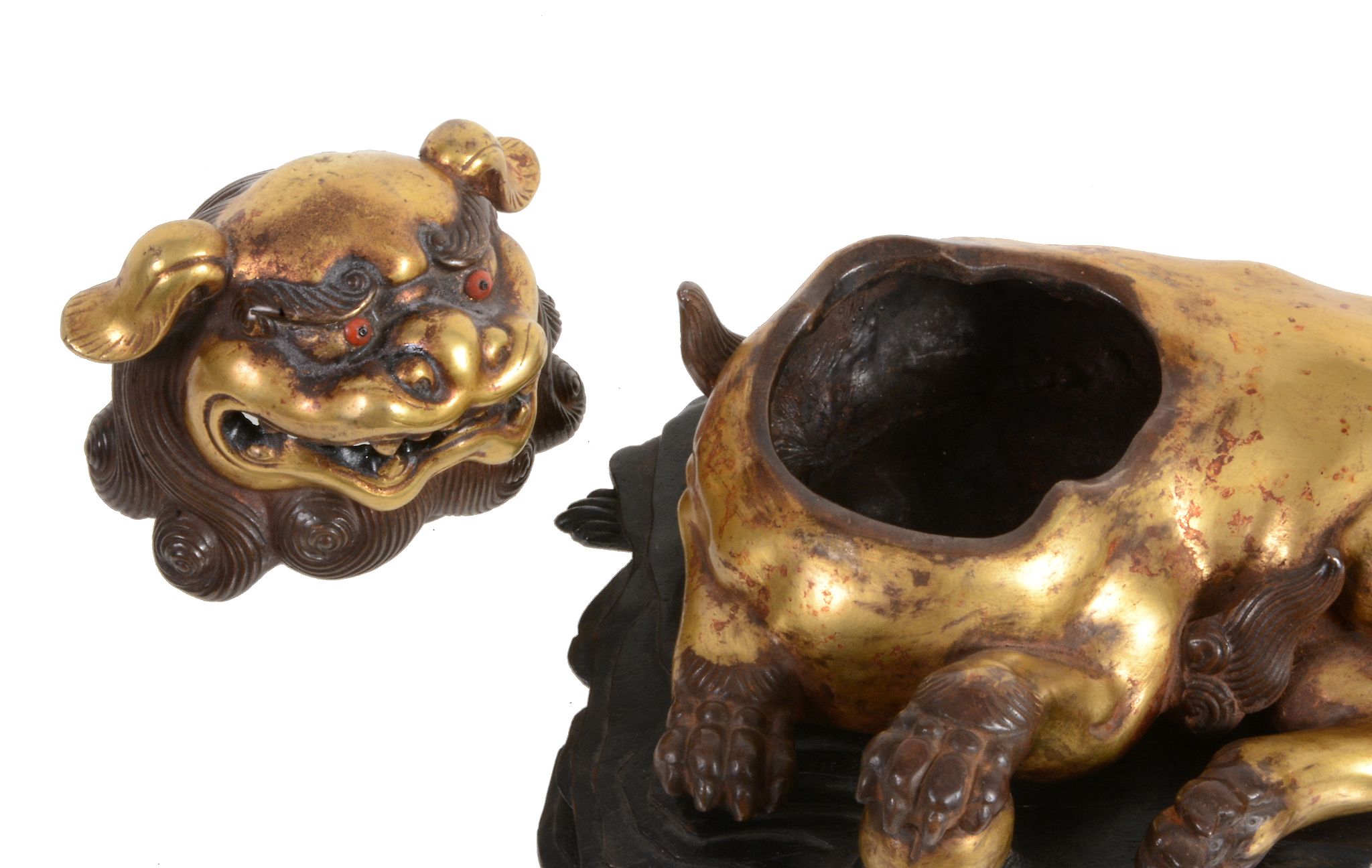 A gilt-metal Buddhistic lion censor and cover, recumbent with one paw on a ball   A gilt-metal - Image 3 of 4