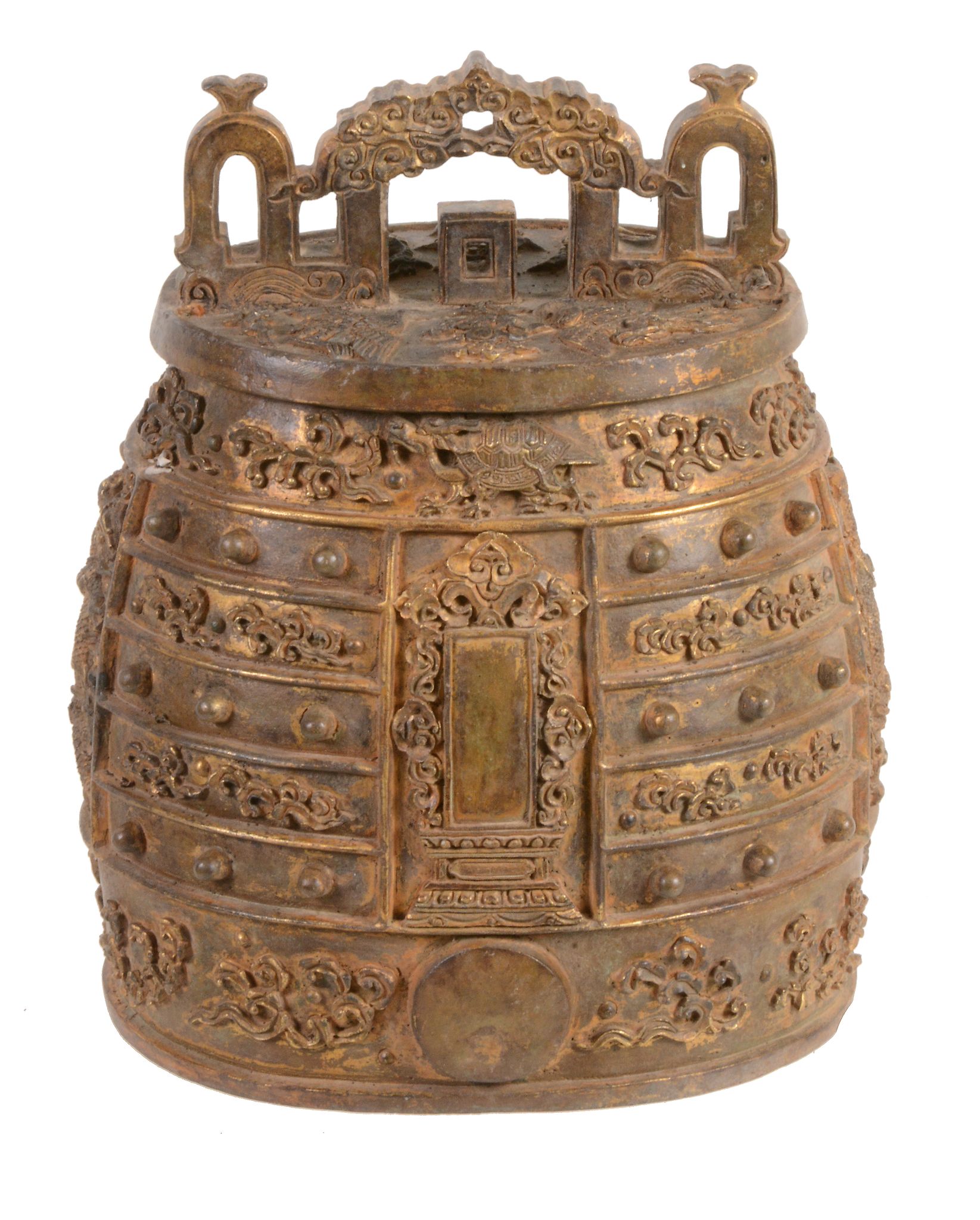 A Chinese gilt-bronze ritual bell, variously cast panels of dragons   A Chinese gilt-bronze ritual