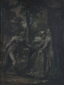 French School (18th century) - Three figures in a woodland setting  Oil on canvas, grisaille 36 x