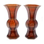 A pair of Chinese hexagonal glass vases, of amber colour, gilded with bats   A pair of Chinese