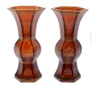 A pair of Chinese hexagonal glass vases, of amber colour, gilded with bats   A pair of Chinese