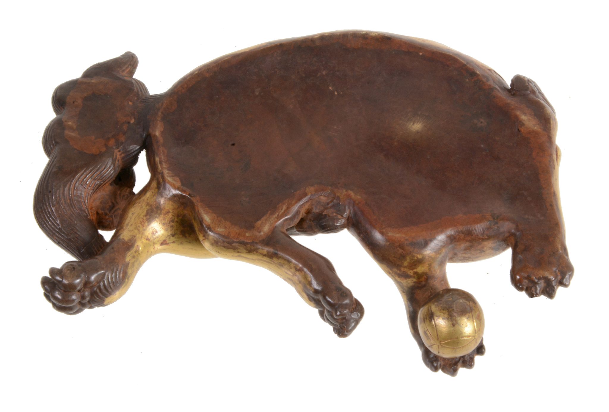 A gilt-metal Buddhistic lion censor and cover, recumbent with one paw on a ball   A gilt-metal - Image 4 of 4
