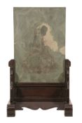 A Chinese table screen with mottled green stone plaque, 19th century or later   A Chinese table