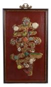 A large Chinese decorative jade, hardstone and lacquer panel, on red ground   A large Chinese