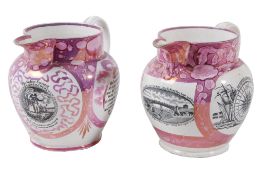 A Sunderland pink-lustre jug , mid 19th century typically printed with a...   A Sunderland pink-