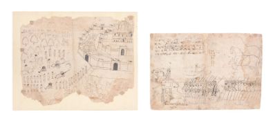 Two drawings of battle scenes, Rajasthan, India, early 19th century   Two drawings of battle scenes,