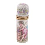 A Continental enamel cylindrical scent flask, circa 1890   A Continental enamel cylindrical scent