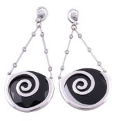 A pair of onyx and diamond ear pendents, the coiled polished setting...   A pair of onyx and diamond