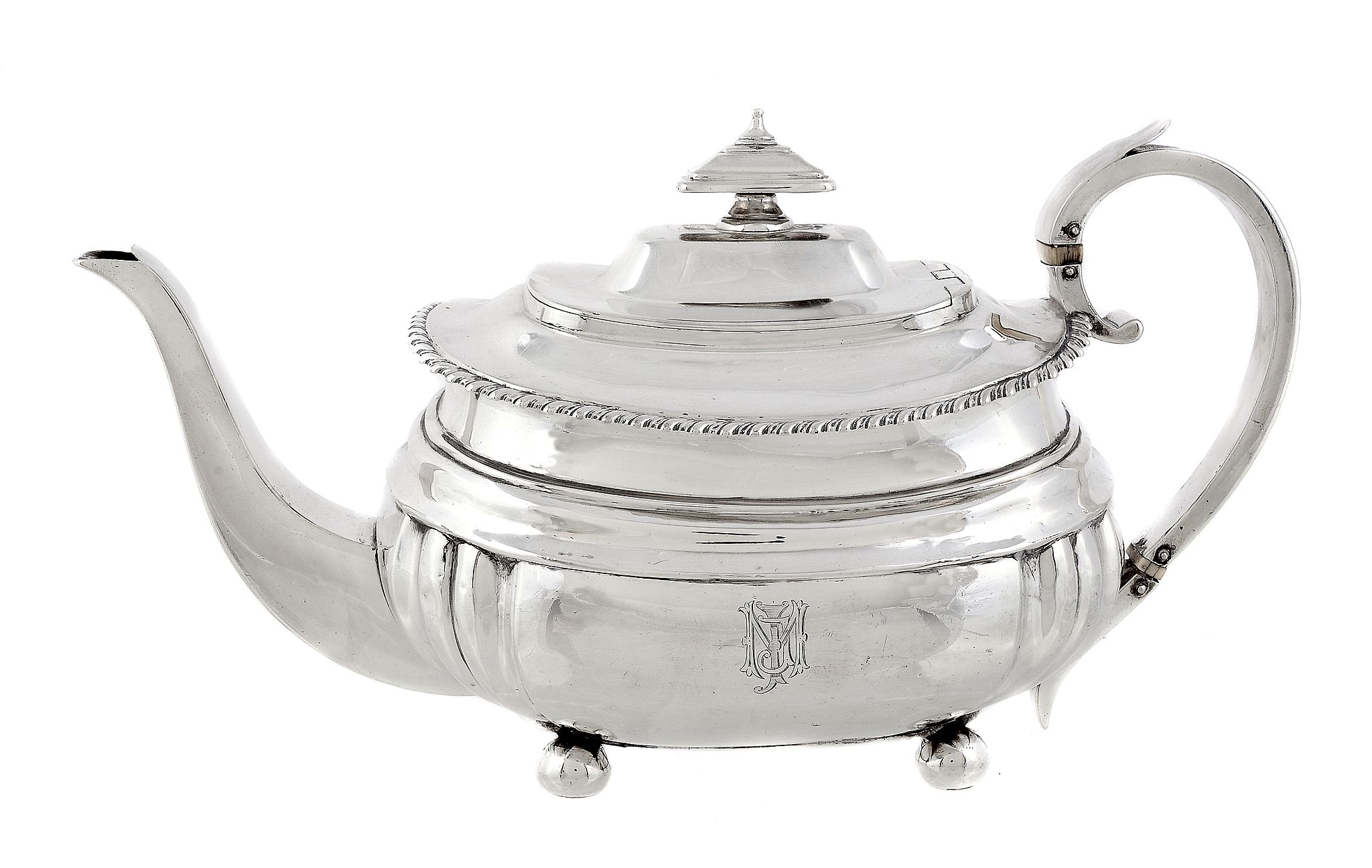 A George IV silver oblong baluster tea pot by Charles Fox I, London 1821   A George IV silver oblong