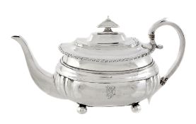A George IV silver oblong baluster tea pot by Charles Fox I, London 1821   A George IV silver oblong