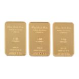 Three gold coloured bars, each stamped Baird  &  Co, Bullion Merchants, London   Three gold coloured