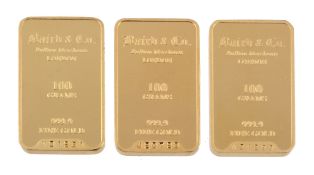 Three gold coloured bars, each stamped Baird  &  Co, Bullion Merchants, London   Three gold coloured