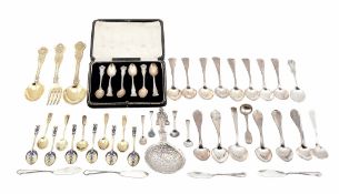 A collection of silver and silver coloured metal flatware, to include   A collection of silver and