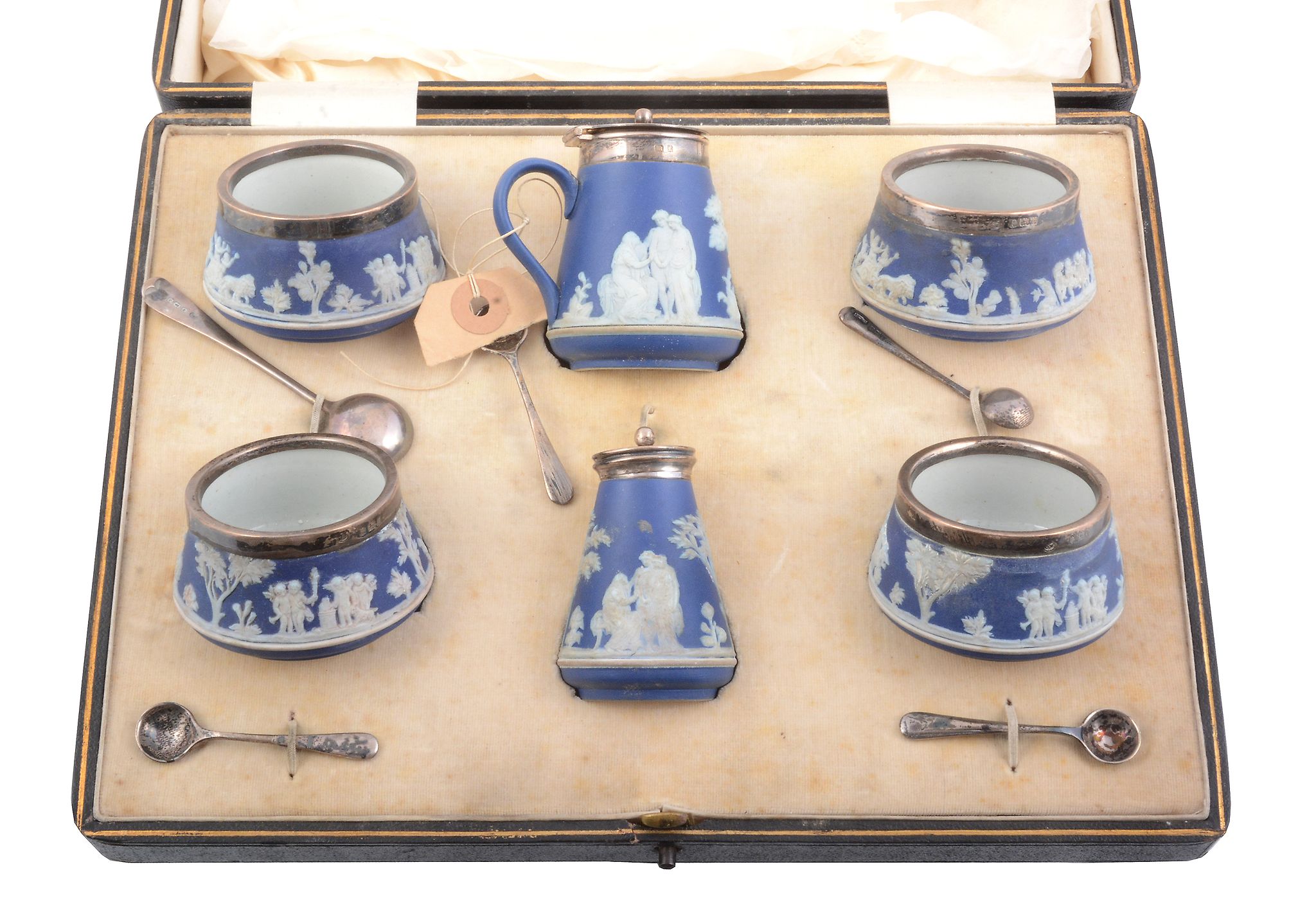 A silver mounted Wedgwood blue jasper dip six piece cruet set by Richard...   A silver mounted - Image 2 of 2