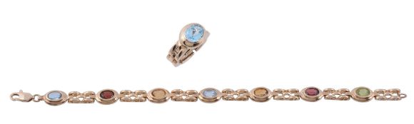 A multi gem set bracelet, the oval links set with oval cut peridot, garnet   A multi gem set