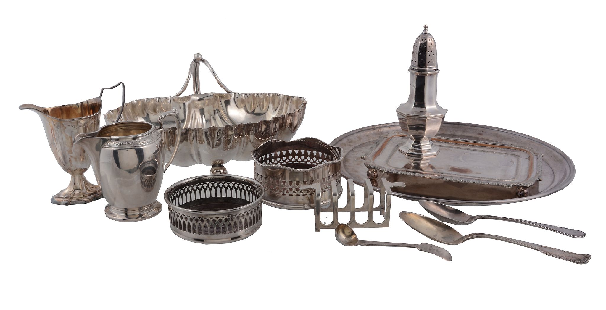 A collection of silver items, to include: a cased pair of late Victorian...   A collection of silver