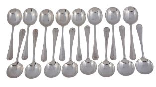 A matched set of twenty four silver rat-tail pattern soup spoons by Asprey  &  Co   A matched set of