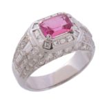 A pink tourmaline and diamond ring, the rectangular cut pink tourmaline in a...   A pink