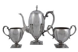 An America silver coloured three piece coffee service by Frank W. Smith Co   An America silver