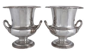 A pair of silver on copper campana shape wine coolers, 20th century   A pair of silver on copper