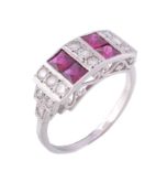 A ruby and diamond ring, the rectangular shaped panel set with calibre cut...   A ruby and diamond