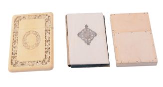 Three Victorian card cases, comprising: an Indian colonial plain ivory example   Three Victorian