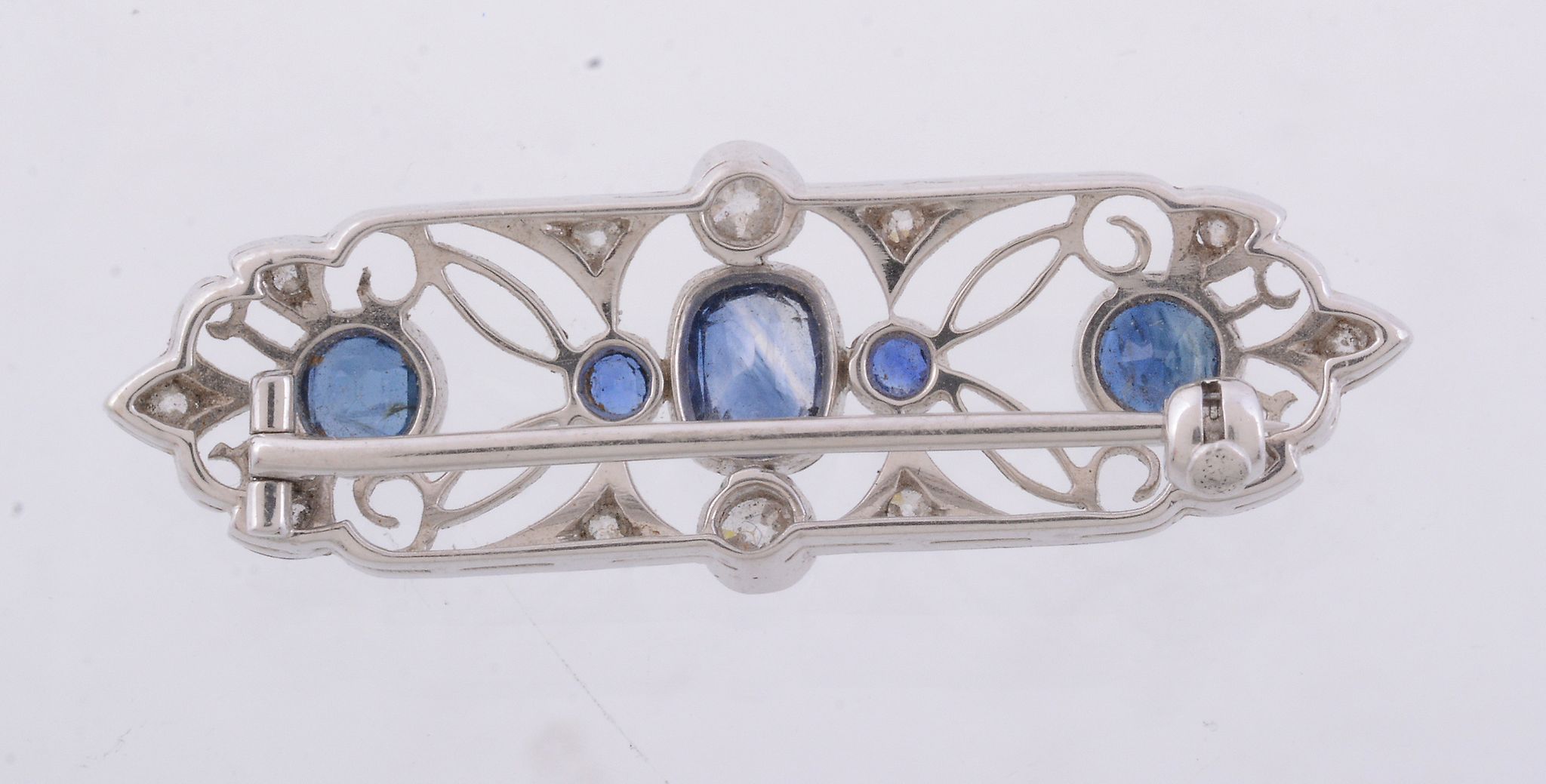 A sapphire and diamond brooch, the rectangular shaped panel with pierced...   A sapphire and diamond - Image 2 of 2