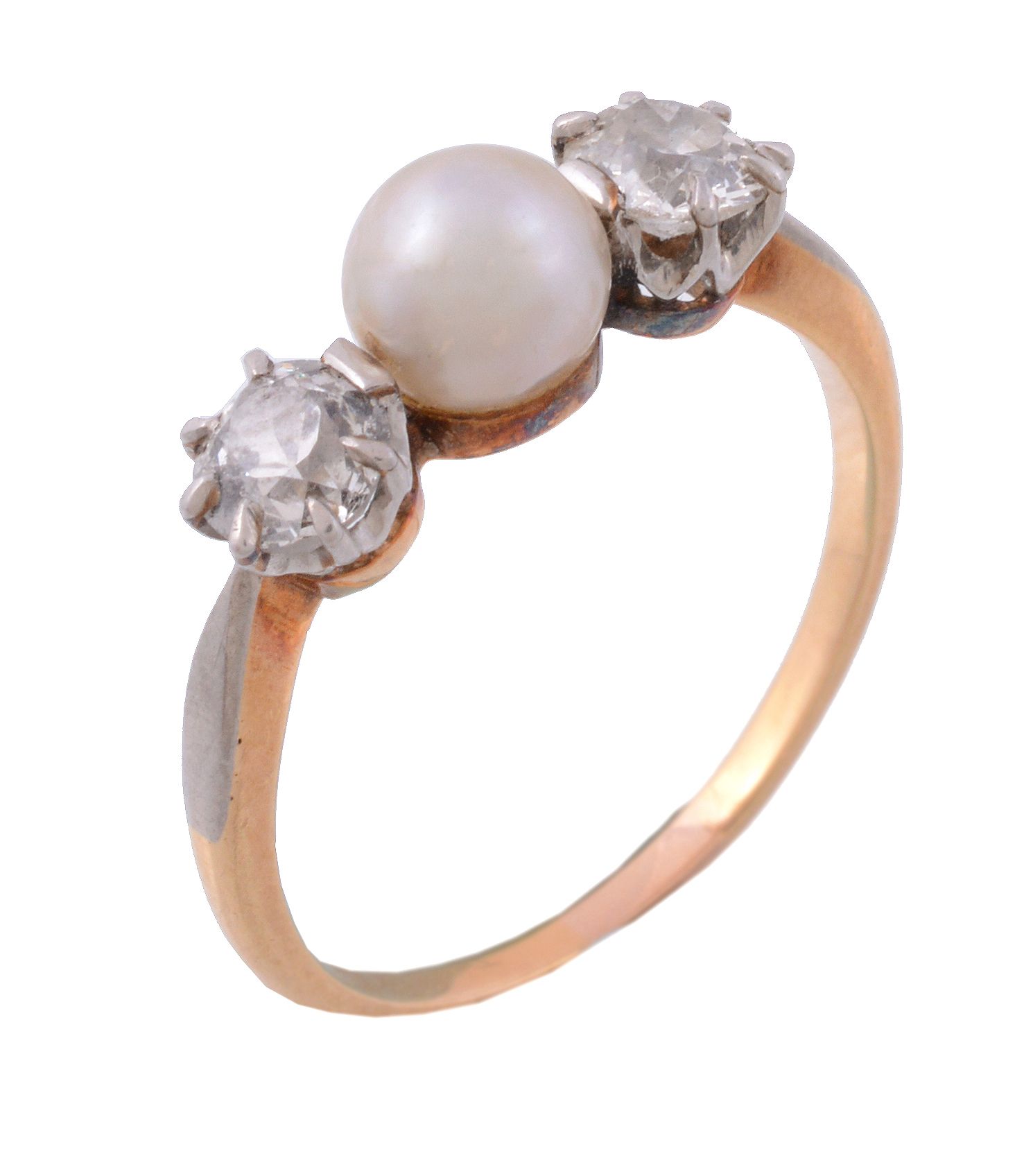 A pearl and diamond ring, the central pearl set between two old brilliant...   A pearl and diamond