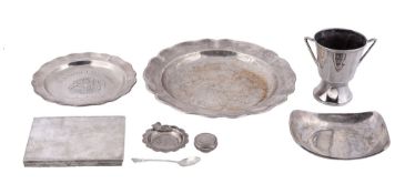 A collection of silver coloured items, including   A collection of silver coloured items,