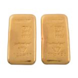 Two gold coloured bars, each stamped Metalor, 250g Gold 999   Two gold coloured bars,   each stamped