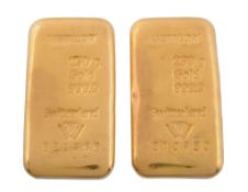 Two gold coloured bars, each stamped Metalor, 250g Gold 999   Two gold coloured bars,   each stamped