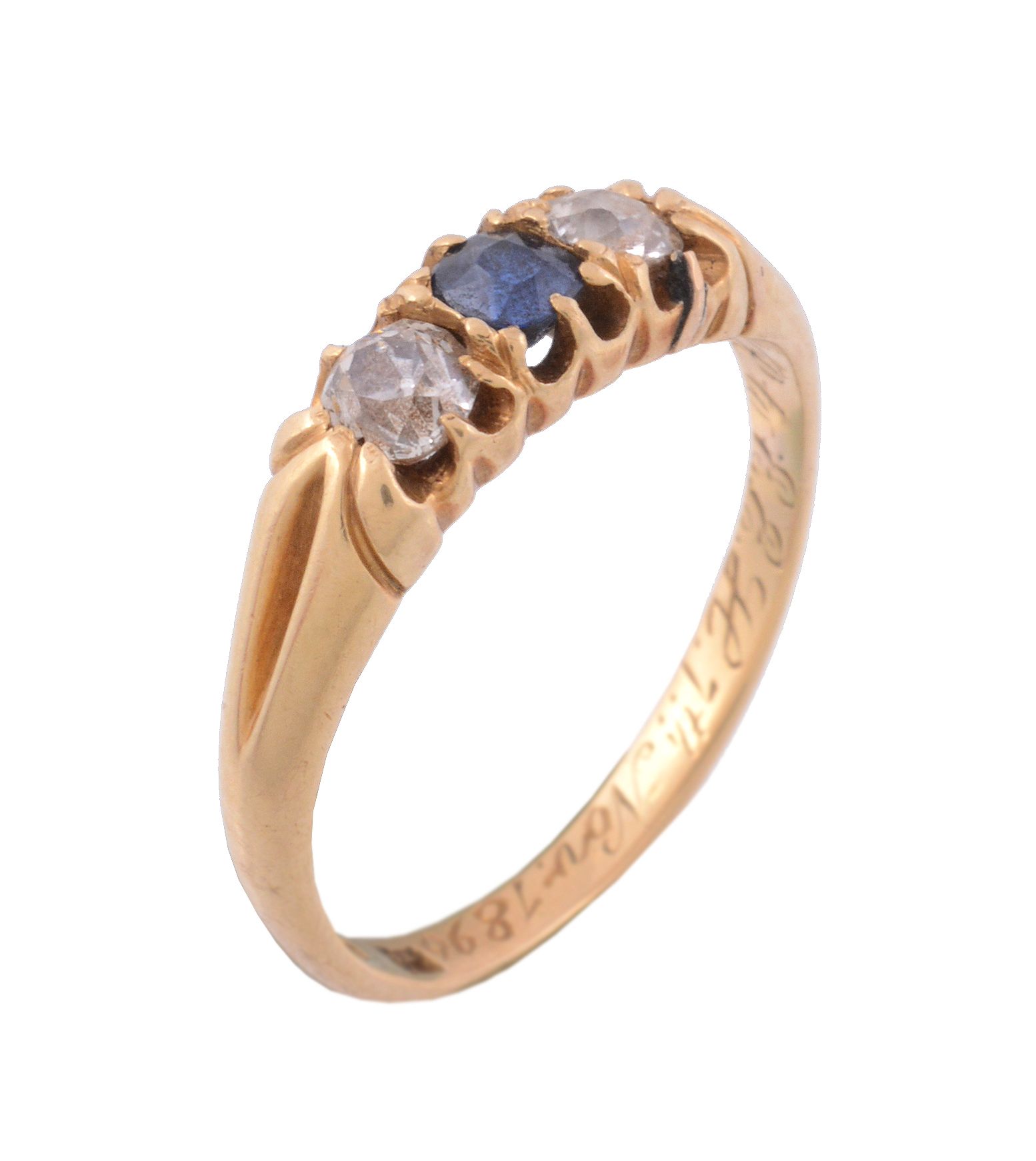 A late Victorian sapphire and diamond three stone ring   A late Victorian sapphire and diamond three