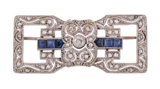 A late Art Deco sapphire and diamond brooch, circa 1940   A late Art Deco sapphire and diamond