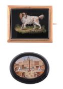 A micromosaic brooch, the rectangular panel depicting a spaniel on a black...   A micromosaic