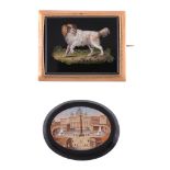 A micromosaic brooch, the rectangular panel depicting a spaniel on a black...   A micromosaic