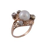 A cultured pearl and diamond dress ring, circa 1950   A cultured pearl and diamond dress ring,