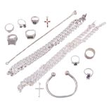A selection of silver jewellery, including: rings; necklaces; and other items   A selection of