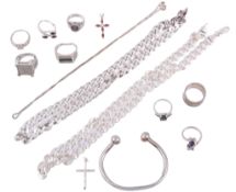 A selection of silver jewellery, including: rings; necklaces; and other items   A selection of