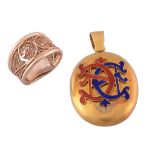 A Victorian gold locket, circa 1890, the locket with red and blue enamelled...   A Victorian gold