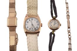 A 9 carat gold wristwatch, hallmarked London 1945, Swiss manual wind movement   A 9 carat gold